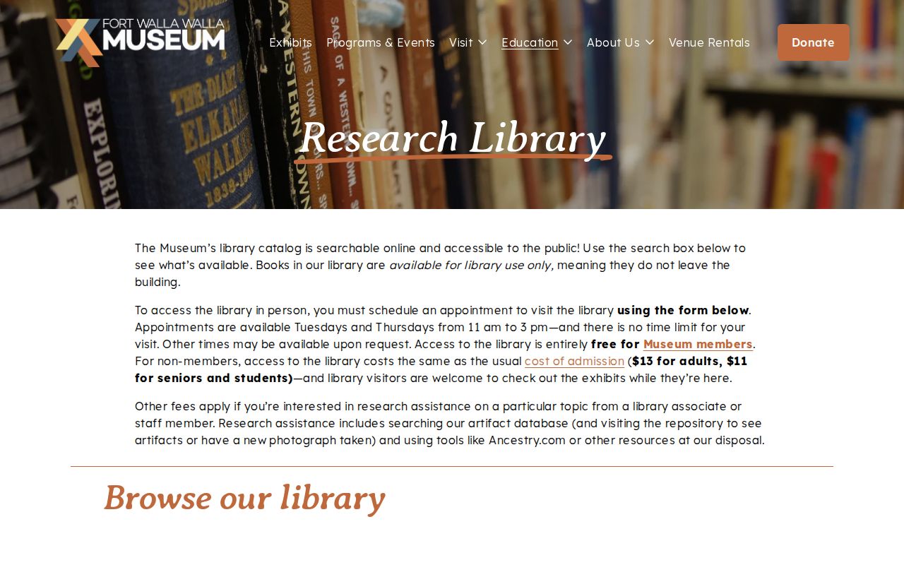 Fort Walla Walla Museum library research access and catalogue