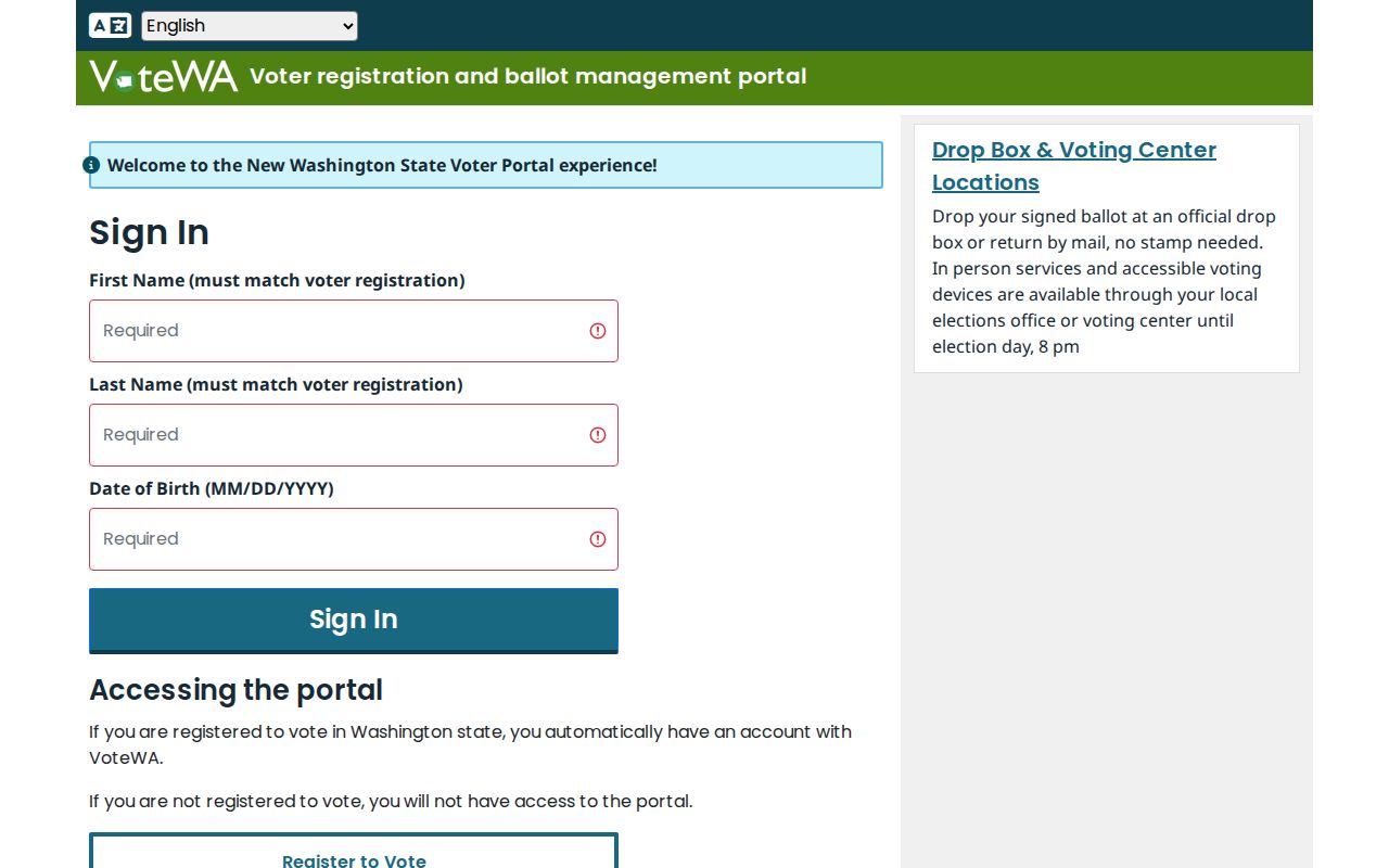 Washington VoteWA personal voter registration lookup form