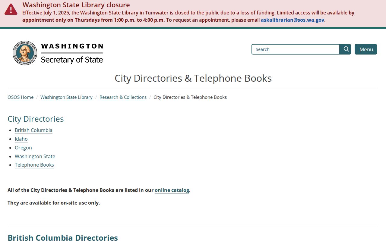 Washington State Library Walla Walla city directory year inventory